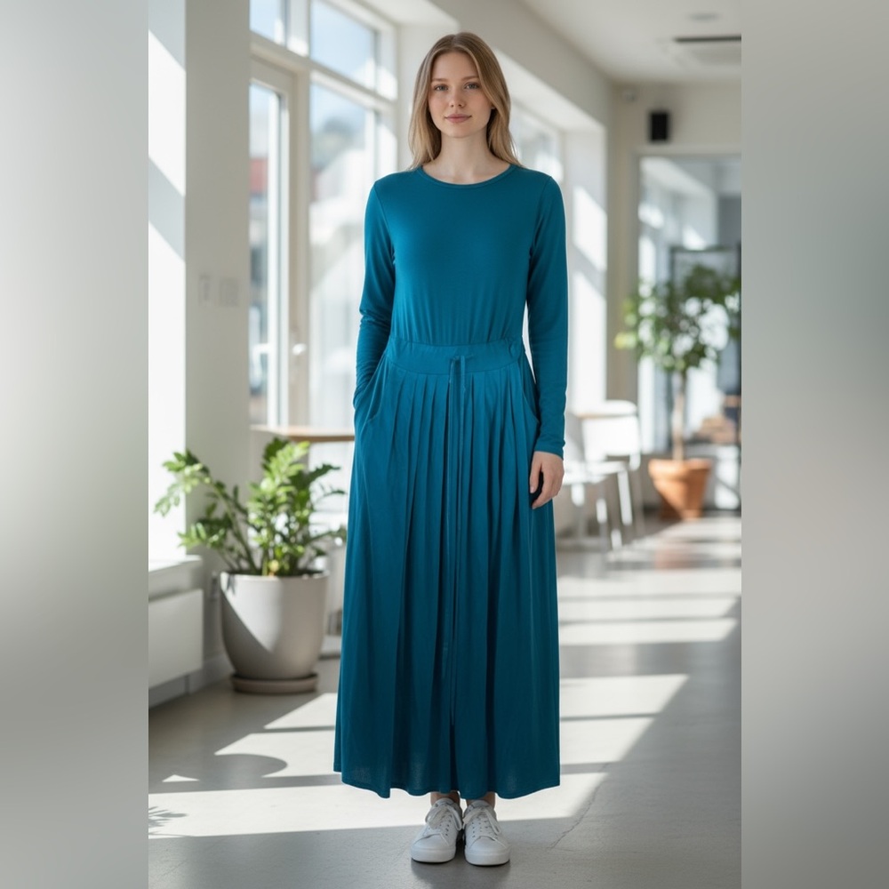 Nuichan plus Teal‎ Maxi Dress Sleeveless pleated jersey knit beach boho